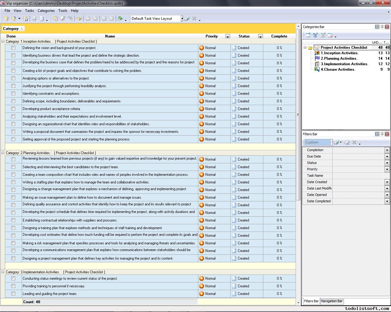 Project Activities Checklist To Do List Organizer Checklist PIM 