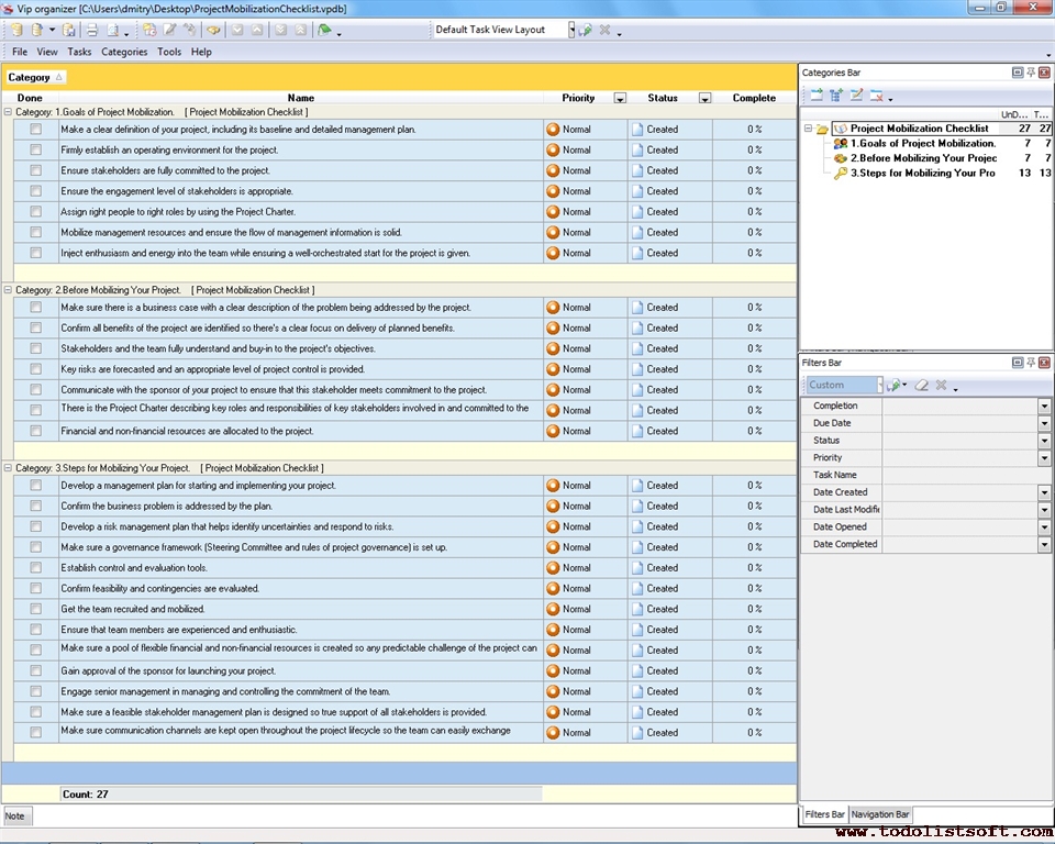 Project Mobilization Checklist To Do List Organizer Checklist PIM 